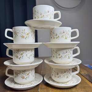 VTG Lenox Temper-Ware Merriment 7 Cups & Saucer Plates Floral Tea Coffee USA